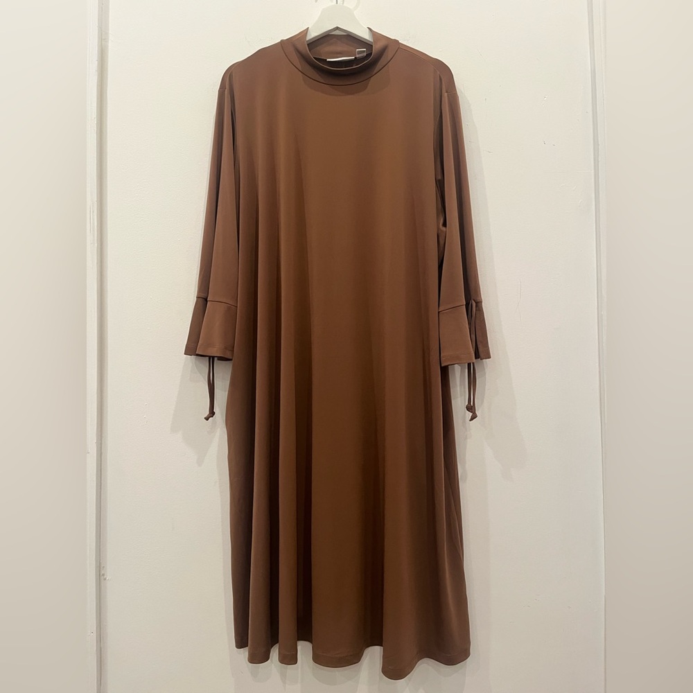 SUSAN GRAVER LIQUID KNIT TAN DRESS 3/4 SLEEVE MOCK NECK 3XP Classic Stretchy tra